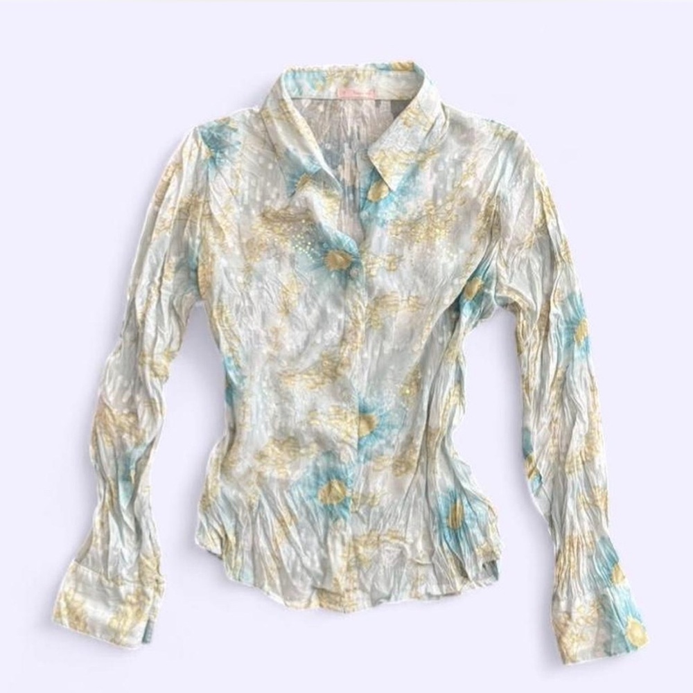 Y2K Sincerely Blue Floral Button Up Shirt Sequined Romantic Blouse